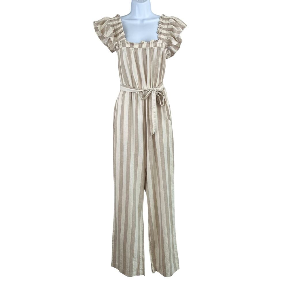 Vero Moda Stripe Linen Blend Wide Leg Jumpsuit NWT XS Ruffle Coastal Summer - Picture 3 of 16